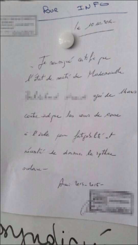 Un certificat médical délivré pour dispenser un élève balanin de cours de… Corse !