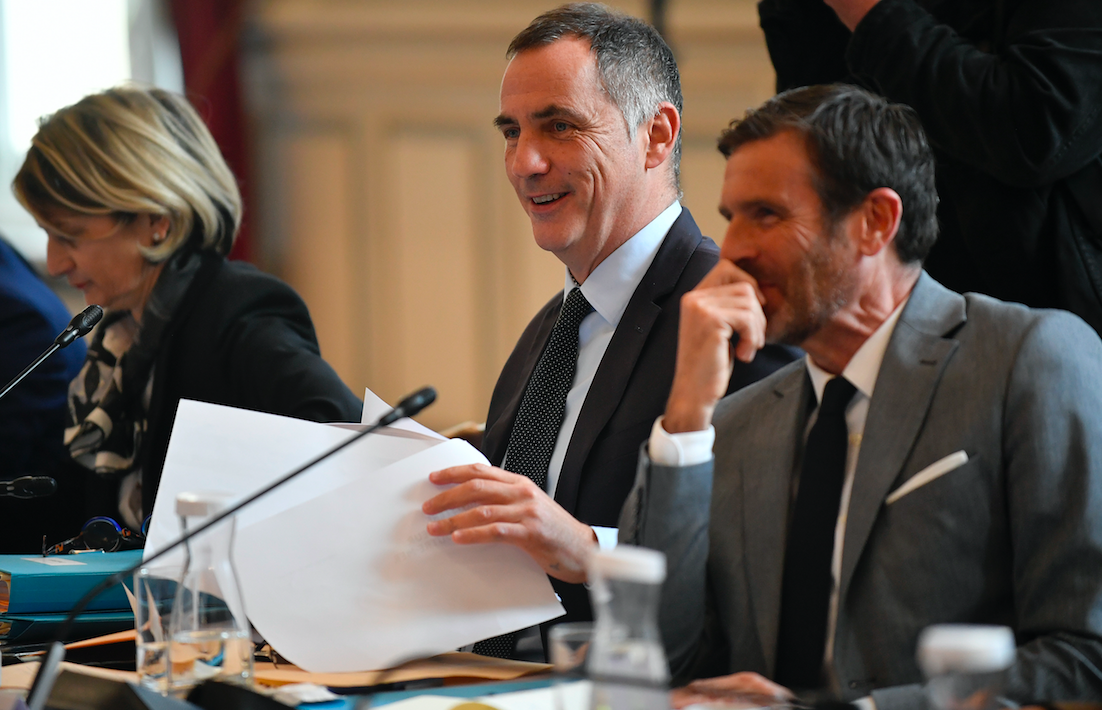 Troisième comité stratégique sur l'avenir de la Corse, Nanette maupertuis, Gilles Simeoni et Jean-Martin Mondoloni. Crédit photo AFP