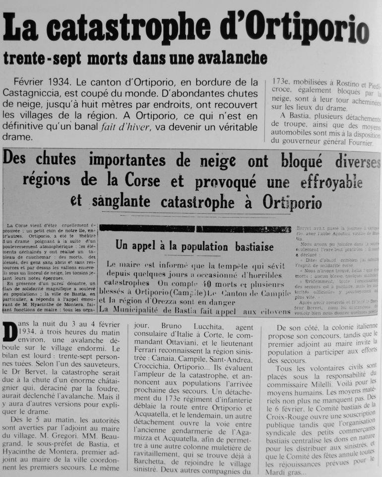 Ortiporiu : 37 morts dans une avalanche dans la nuit du 3 au 4 Février 1934