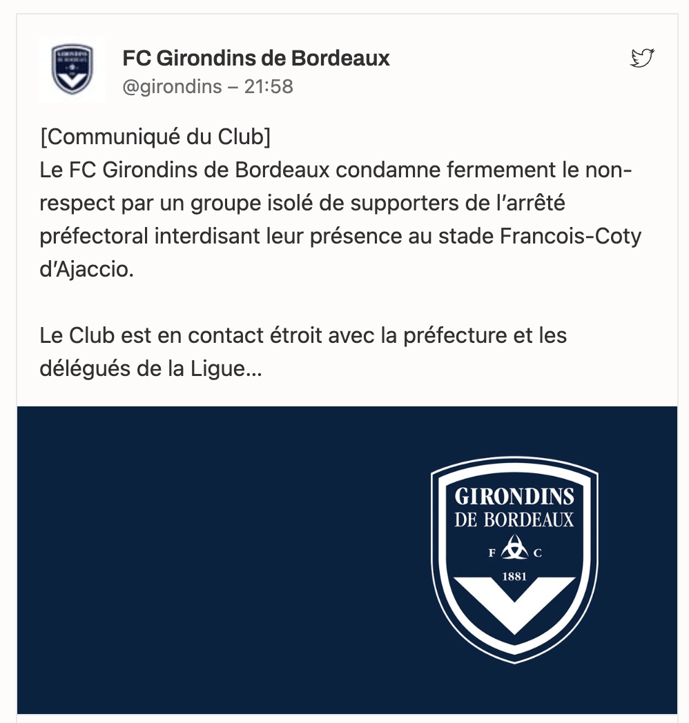 Incidents : le club de Bordeaux condamne "le non-respect de l'arrêté préfectoral par un groupe isolé de ses supporters"