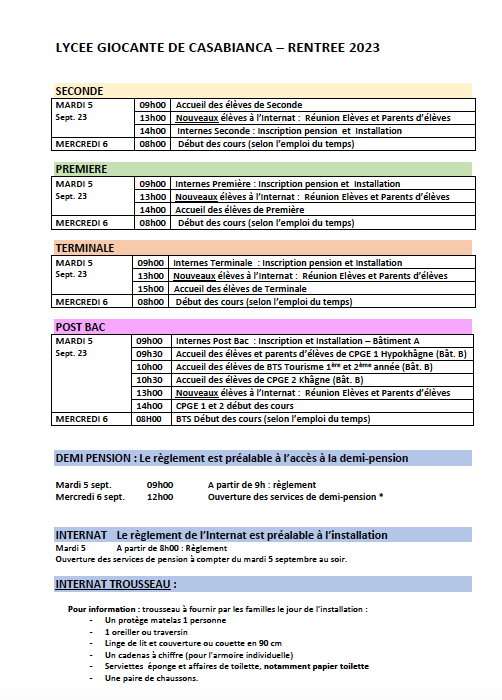 Rentrée des classes au lycée Giocante de Casabianca à Bastia : les horaires