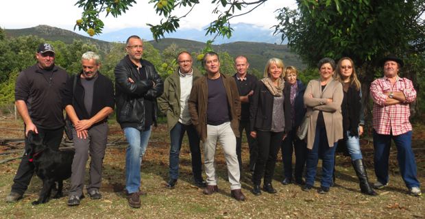 Dominique Sialelli, PDG de la Brasserie Pietra, entouré des représentants de la filière castanéicole, sur l'exploitation de Ludovic Biaggi à Murato.