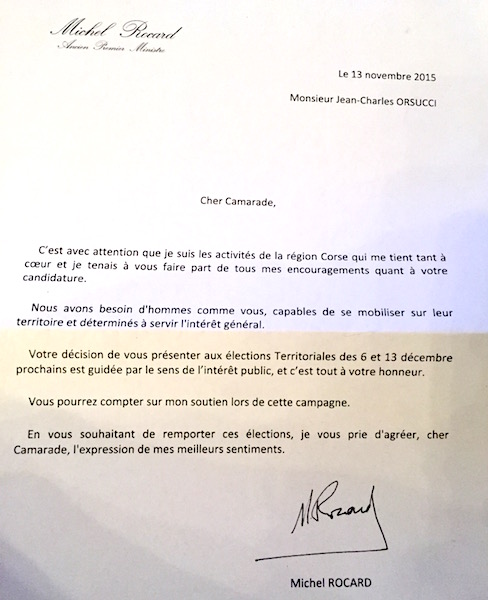 La lettre de soutien de Michel Rocard adressée à Jean-Charles Orsucci