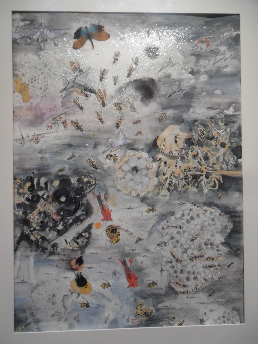 Hyménoptères, technique mixte sur papier, avec inclusion d'insectes, de papillons...