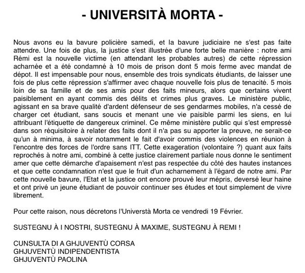 Nouvelle journée Universita morta à Corte