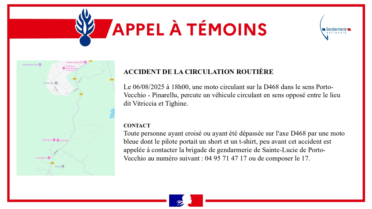 Un motard décède dans un accident à Sainte-Lucie de Porto-Vecchio : la gendarmerie lance un appel à témoins