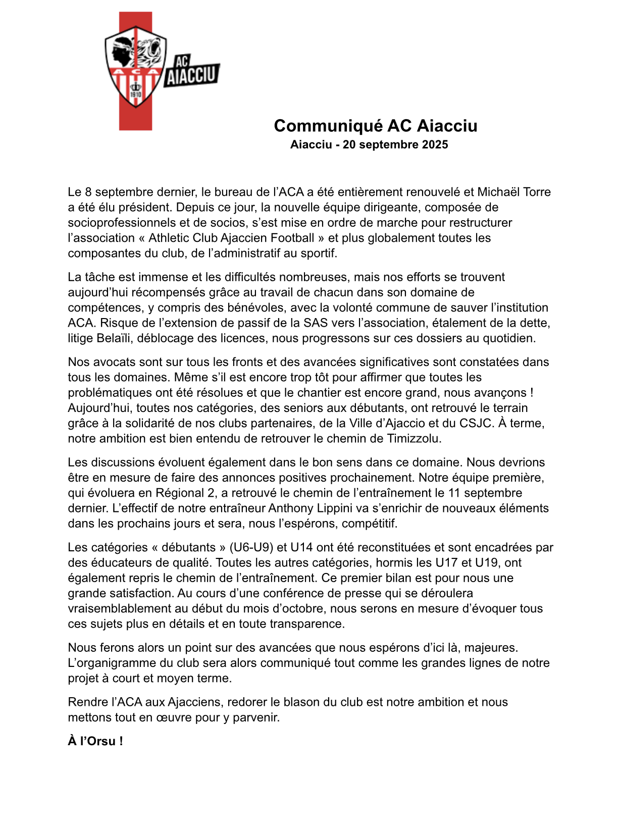 "Rendre l’ACA aux Ajacciens" : ambition de la nouvelle équipe dirigeante du club