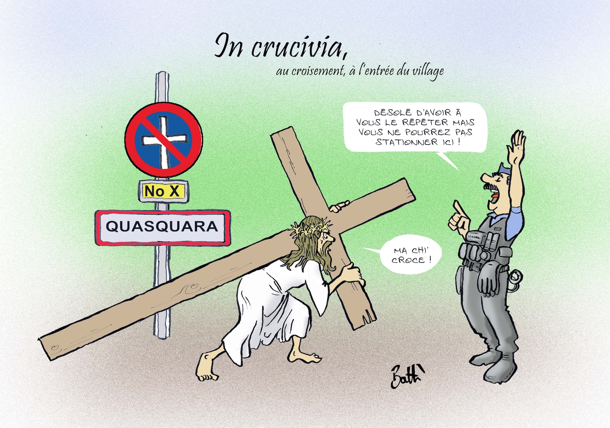 Le dessin de Battì - In crucivia, au croisement à l'entrée du village