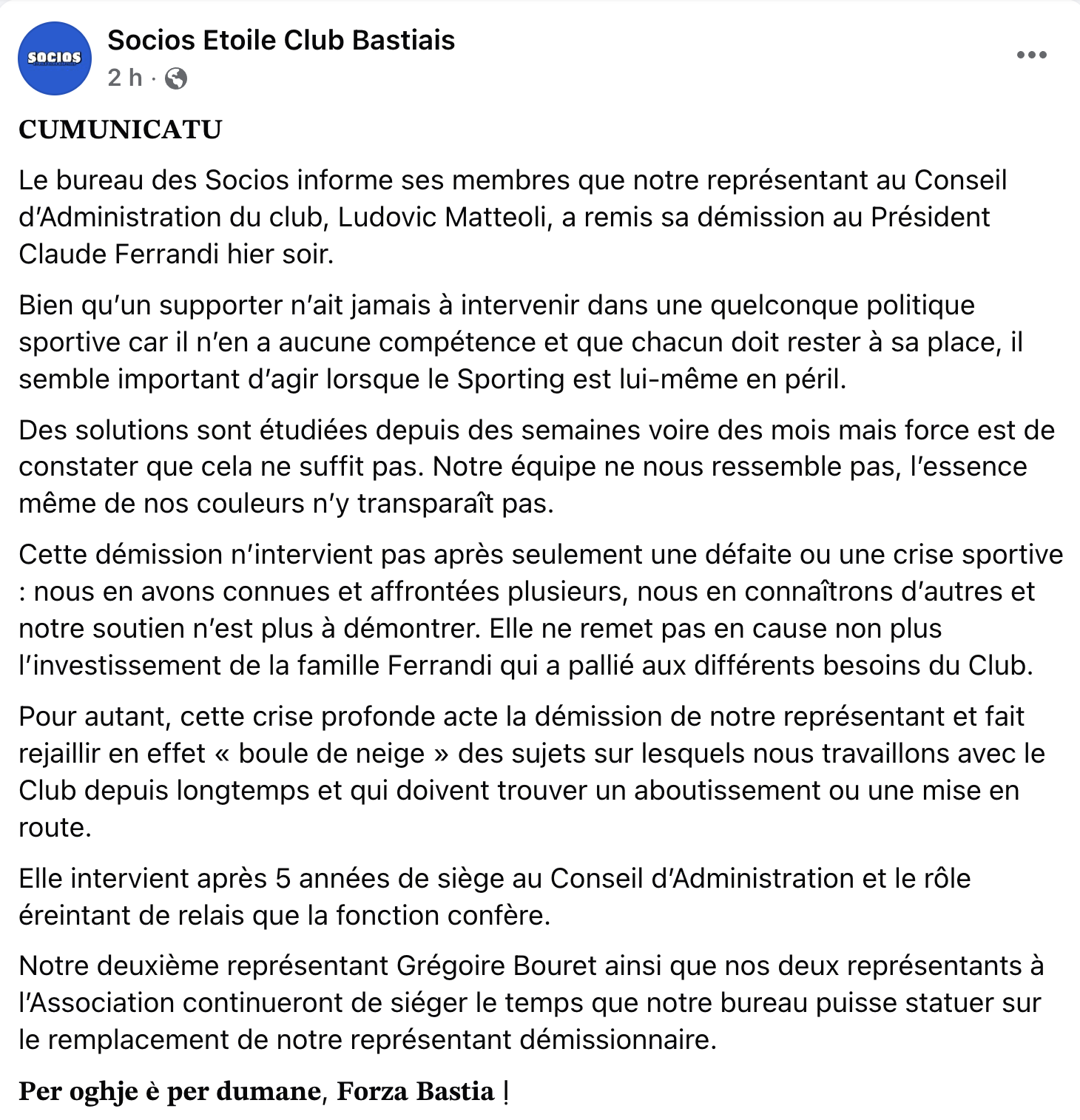 Les Socios du SC Bastia expriment leur inquiétude et annoncent une démission au sein du club