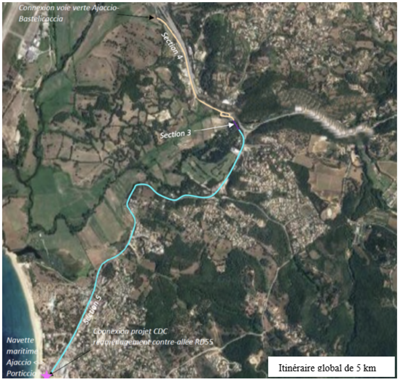 Le tracé du projet d'itinéraire cyclo-piéton reliant Bastelicaccia à Porticcio