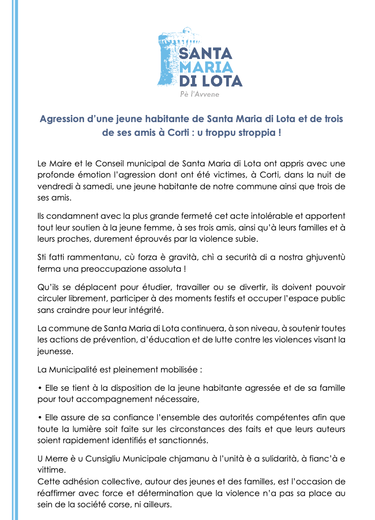 Agression à Corti : l’émotion et la condamnation de la commune de Santa-Maria di Lota