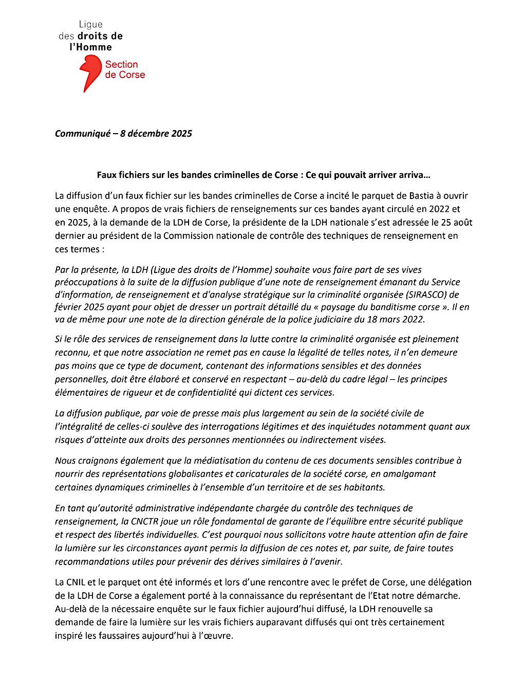 La LDH Corsica et les faux fichiers sur les bandes criminelles de Corse : "ce qui devait arriver, arriva "