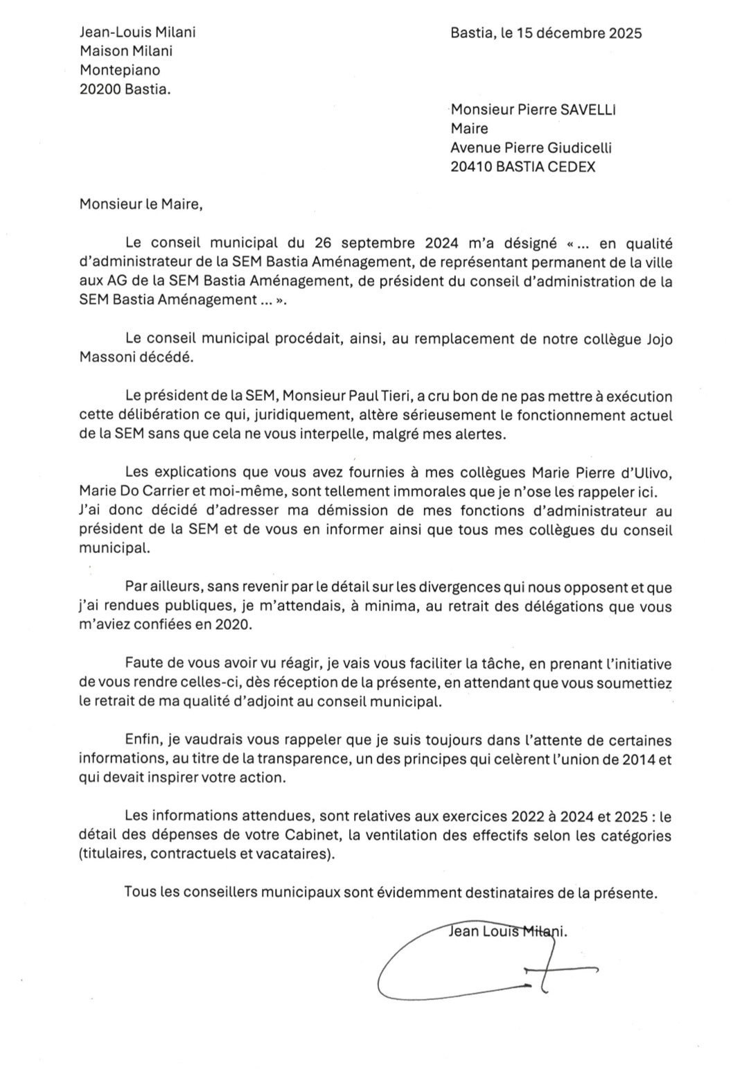 Bastia - Le 2e adjoint au maire, Jean-Louis Milani claque la porte de la majorité municipale