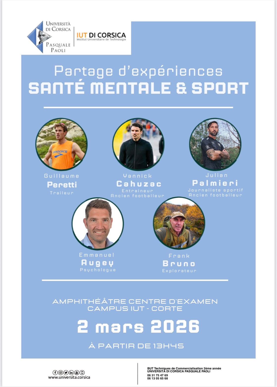 Partage d'expériences, Santé mentale & Sport ce lundi 2 mars à  l’Université de Corte.