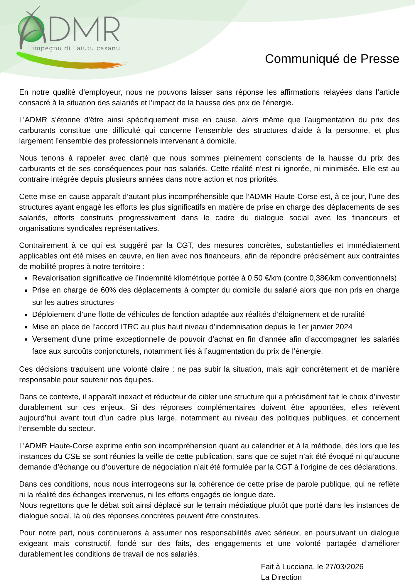 L’ADMR Haute-Corse répond aux critiques sur la prise en charge des déplacements