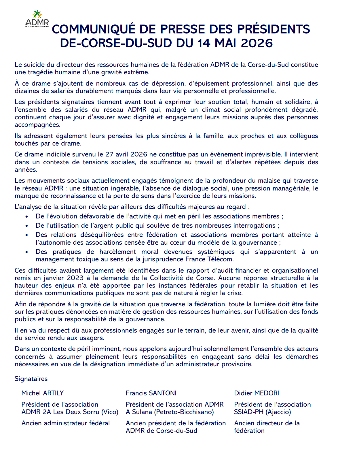 Drame à l’ADMR de Corse-du-Sud : trois anciens responsables réclament un administrateur provisoire