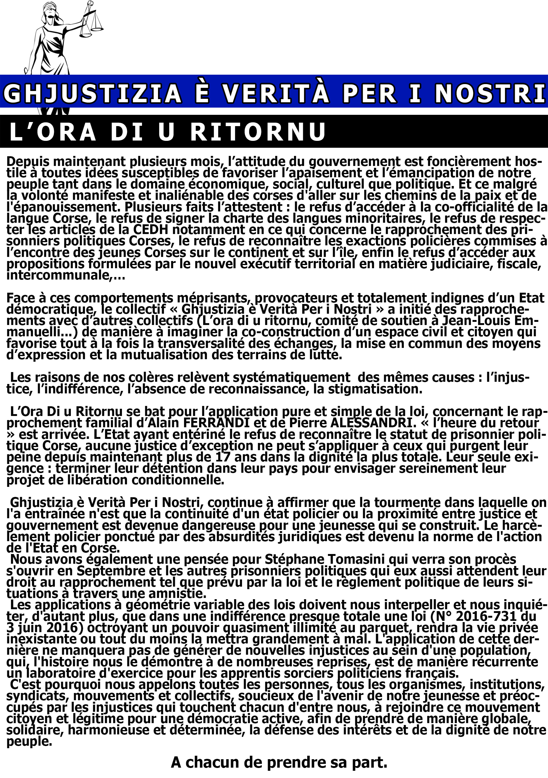 ‘L’Ora di u ritornu » et « Ghjustizia è Verità per i nostri » : Actions communes