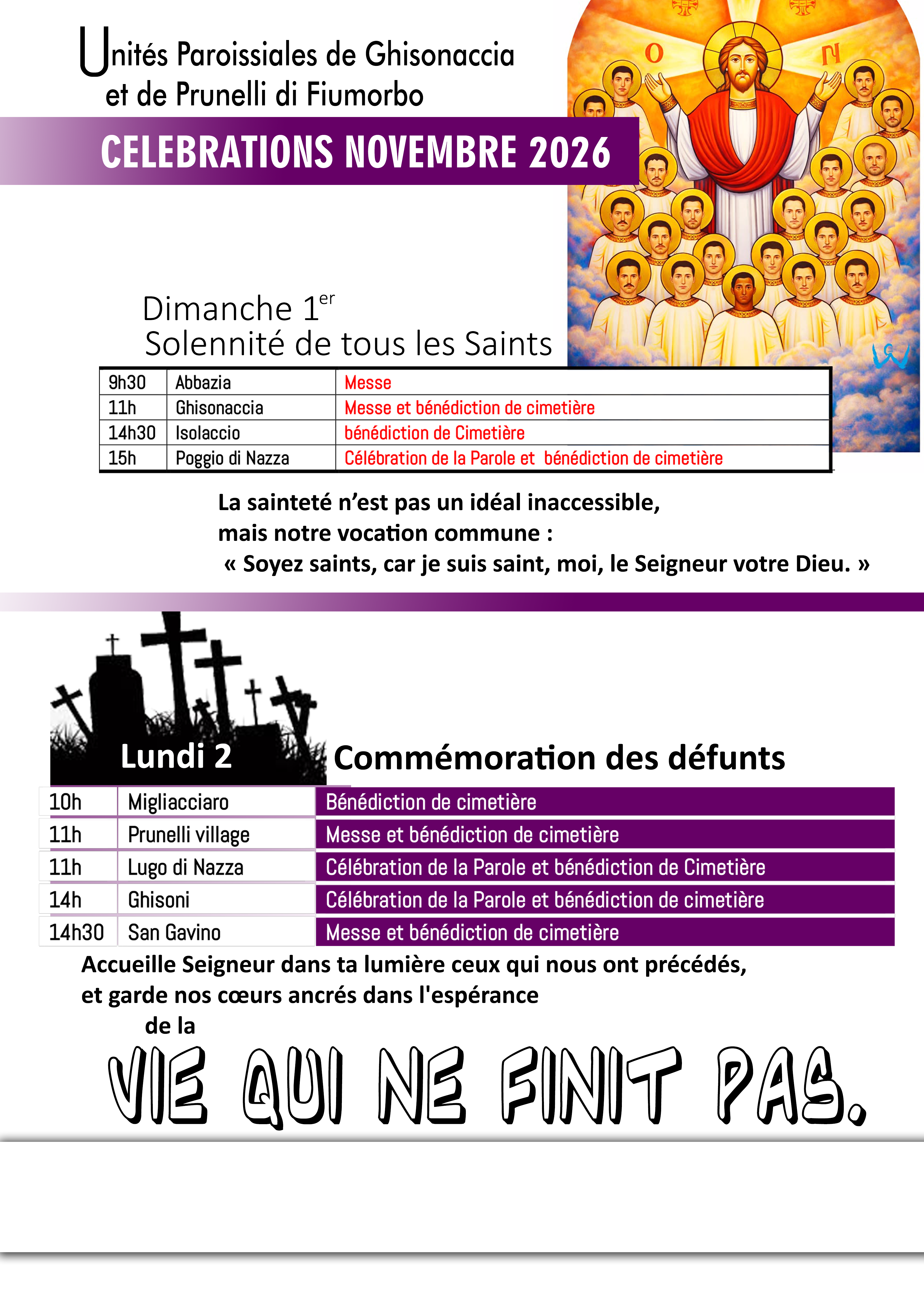 Unités paroissiales de Ghisonaccia et de Prunelli di Fiumorbo - Programme des célébrations de la Toussaint