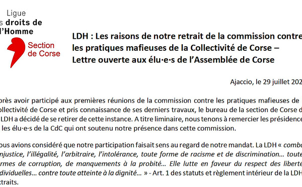 La LDH Corse quitte la commission contre les pratiques mafieuses de la Collectivité de Corse